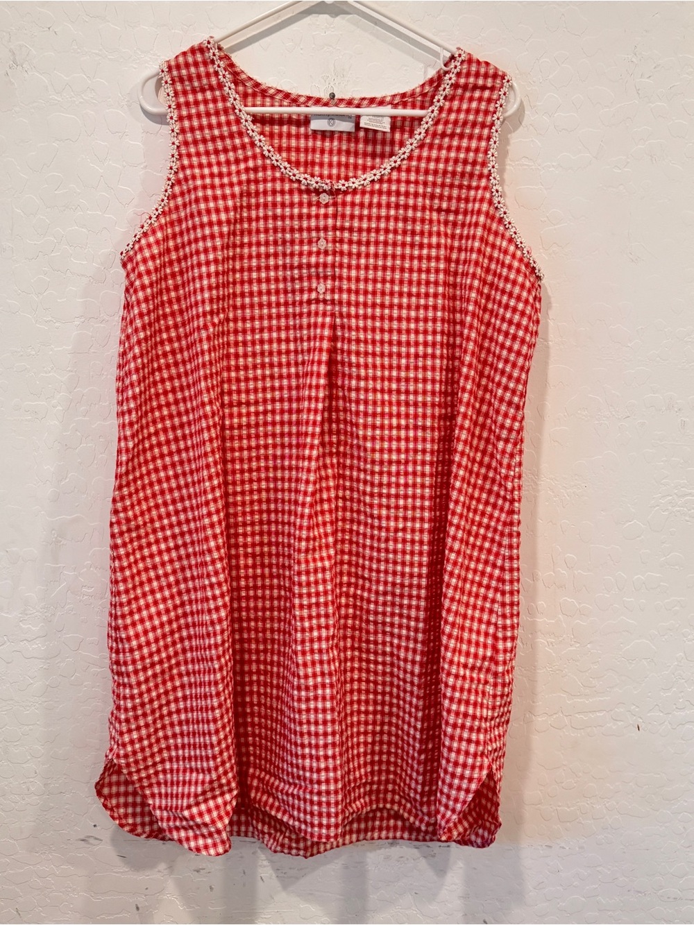 kathy ireland Red and White Gingham Sleeveless Nightgown Womens XL Flower Trim
